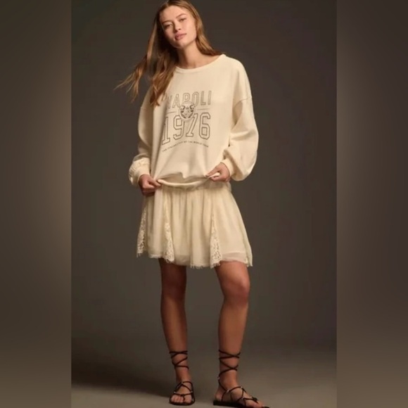 NWOT Pilcro Anthropologie Cream Graphic Twofer Mini Sweatshirt Dress - Picture 2 of 11